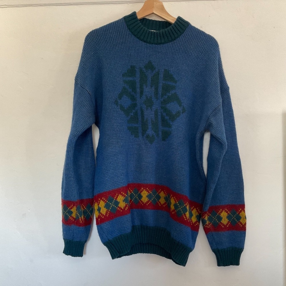 Vintage‎ Gaucho Sweater Alpaca Blend Blue Green Red Snow Pullover Crew Neck XL
